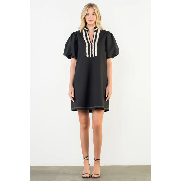 Puff Sleeve Embroidered Textured Dress in Black