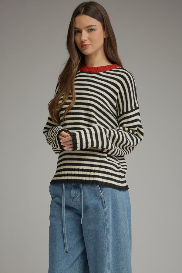 Cream & Black Stripe Knit Top w Contrast Round Neck