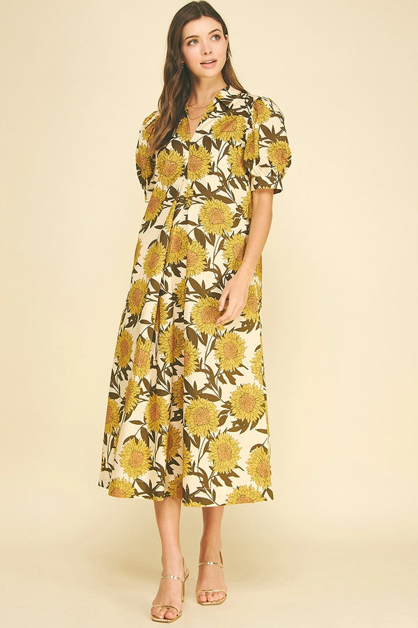 Golden Sunflower Puff Sleeve Midi Dress