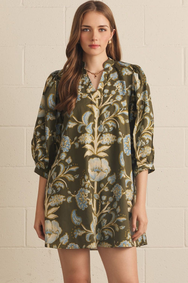 Floral Print Olive 3/4 Puff Sleeve Mini Dress