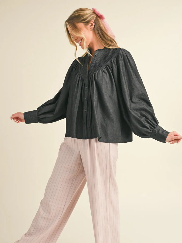 Black Button Down Batwing Sleeve Top