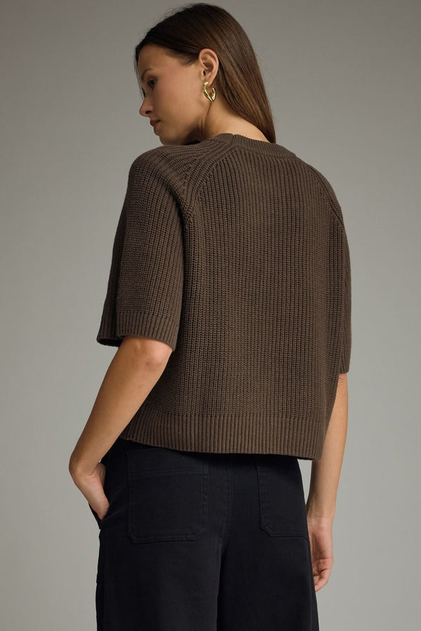 Brown Short Sleeve Sweater Textured Knit Top