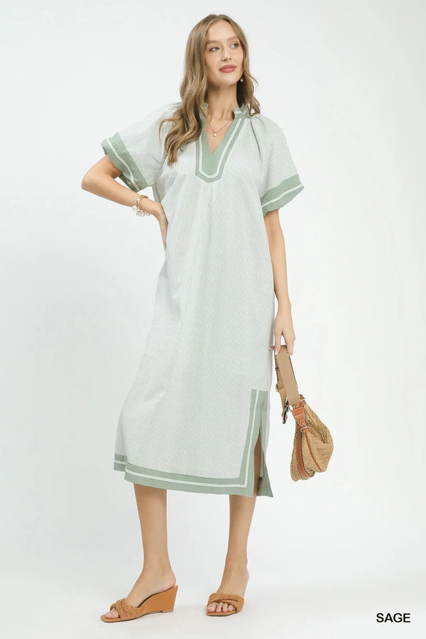 Sage Striped Mixed V-Neck Midi Dress