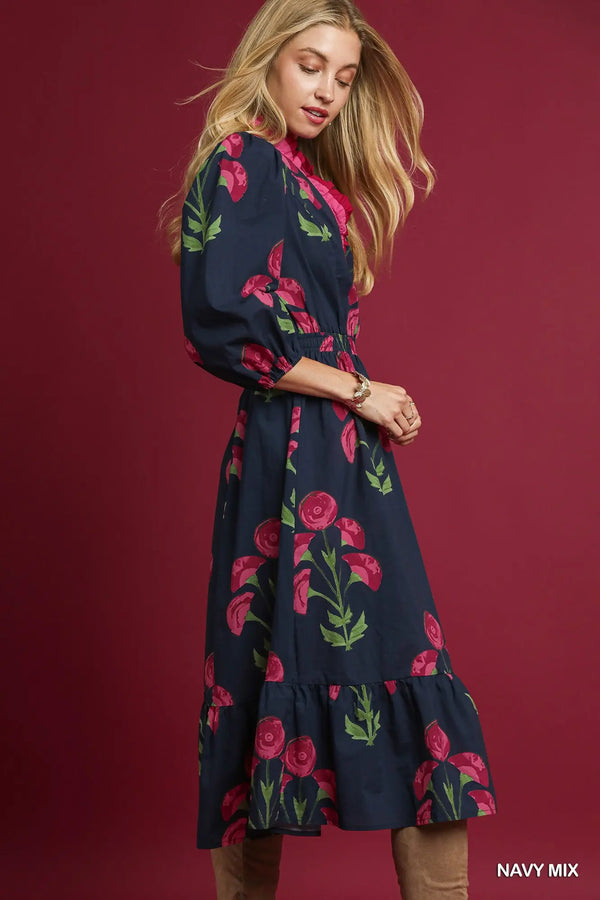 Navy Floral Midi Dress with Ruffle Trim and Elastic Waist