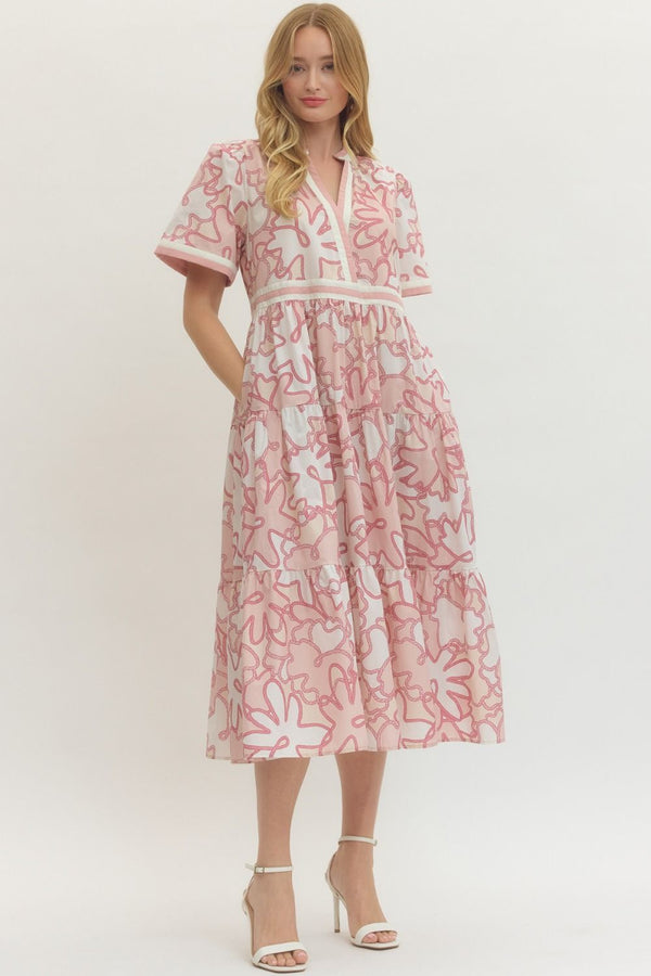 Pink Printed Short Sleeve Midi Dress w V-neck