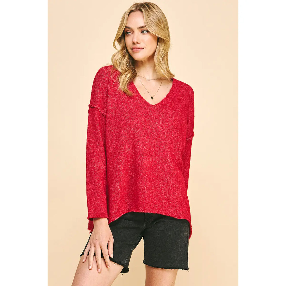 Soft V Neck Knit Sweater - Red