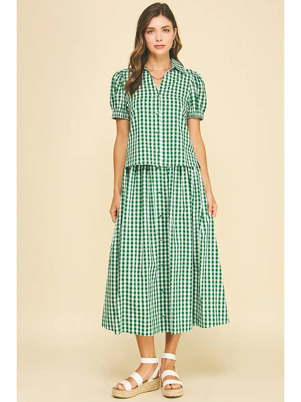 Green Gingham Button Down Skirt