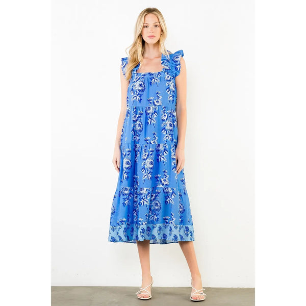 Flutter Sleeve Blue Floral Print Tiered Dress