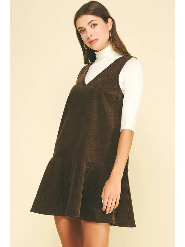 Corduroy Flowering Hem Mini Dress | Dark Mocha