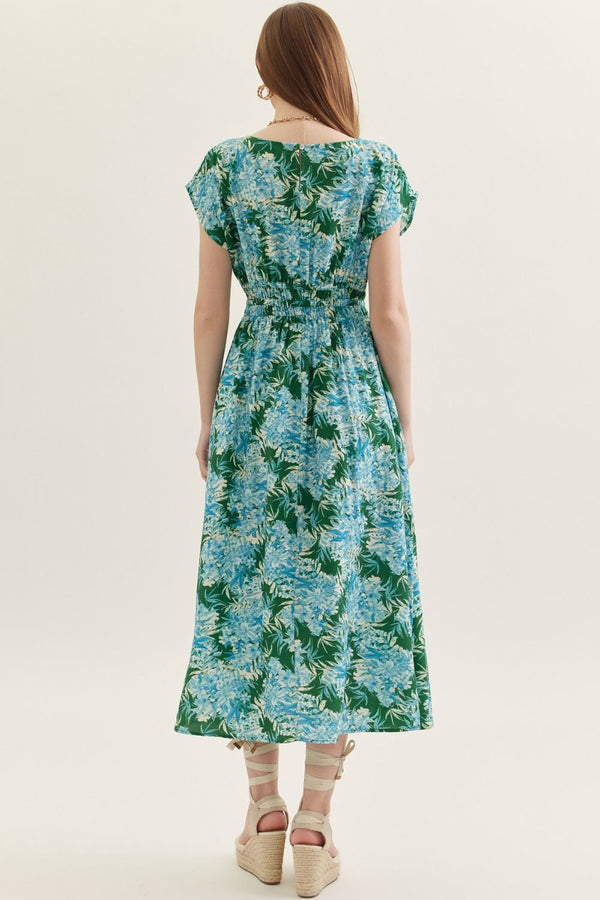 Botanical Green & Blue Print Cap Sleeve Midi Dress