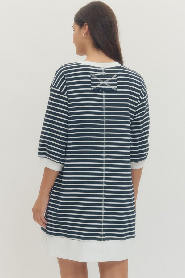 Navy Striped 3/4 Sleeve Mini Dress