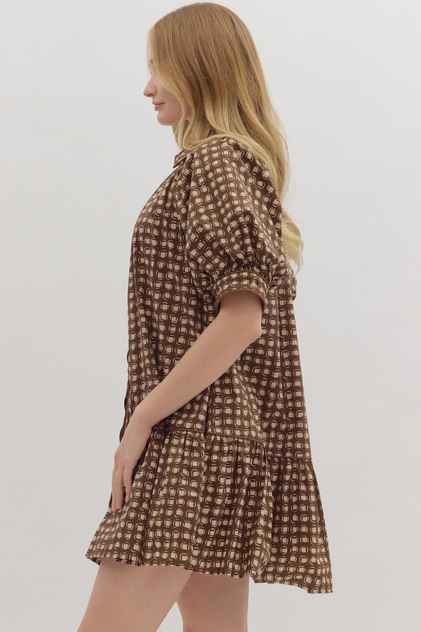 Brown Geometric Print Puff Sleeve Mini Dress