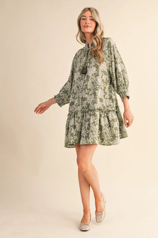 Olive Floral Jacquard Smocked Mini Dress