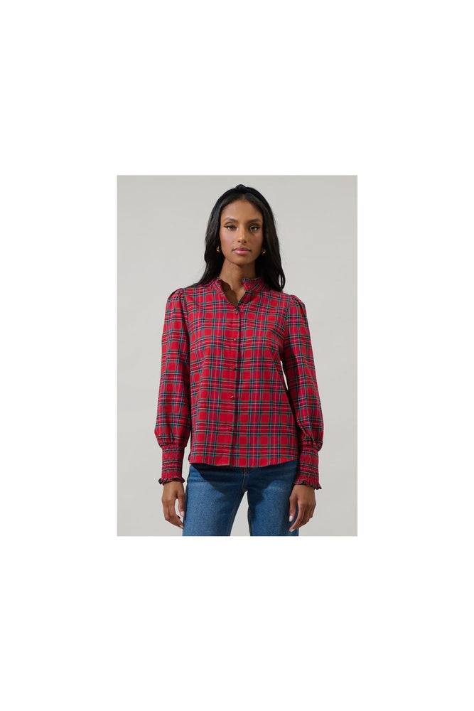 Chapman Plaid Split Neck Top Red