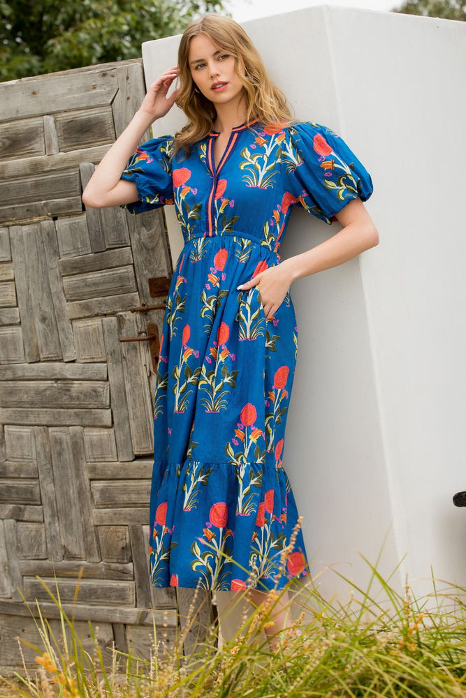 Puff Sleeve Flower Print Maxi Dress