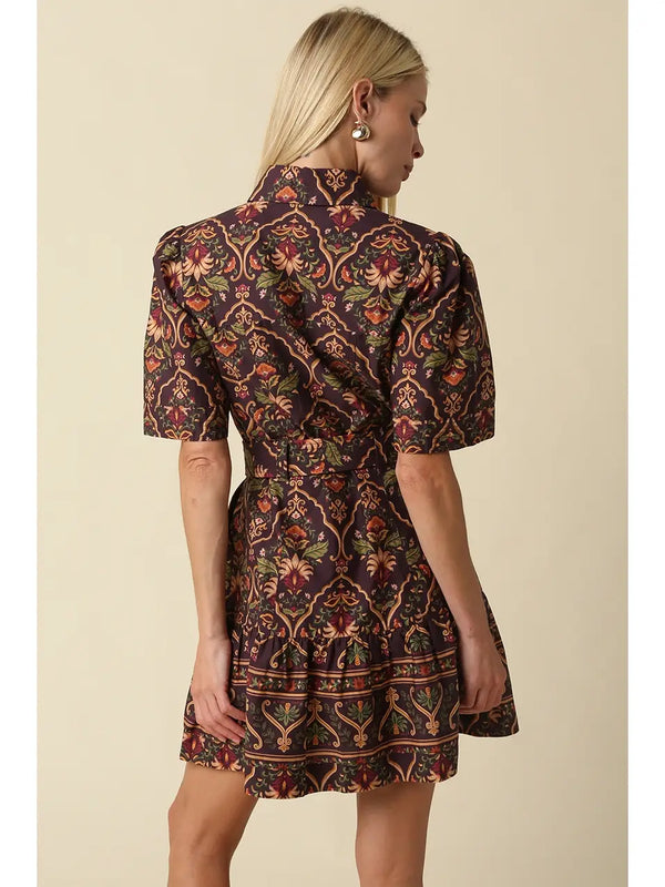 Belen Chocolate Paisley Belted Mini Dress