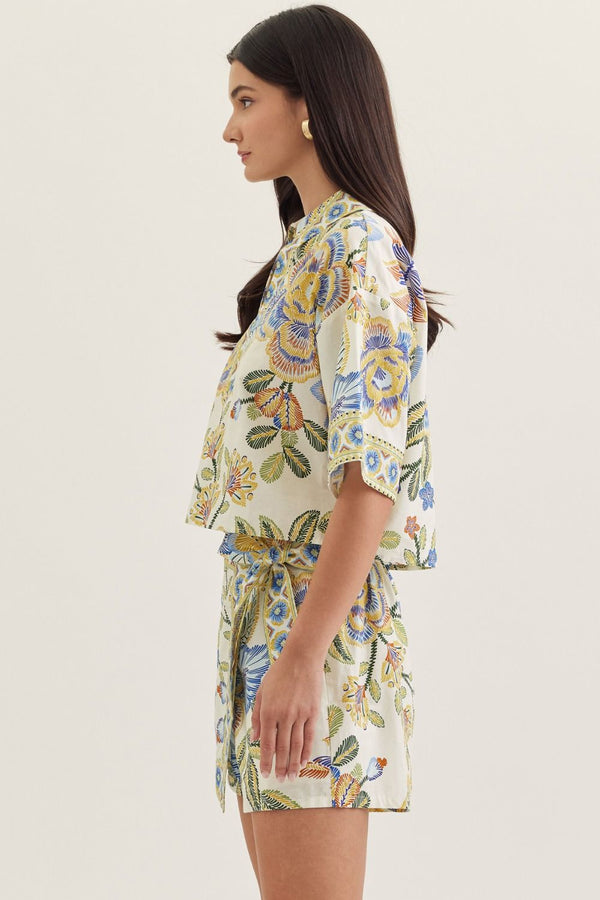 Lt Blue Mix Botanical Print Short Sleeve Top