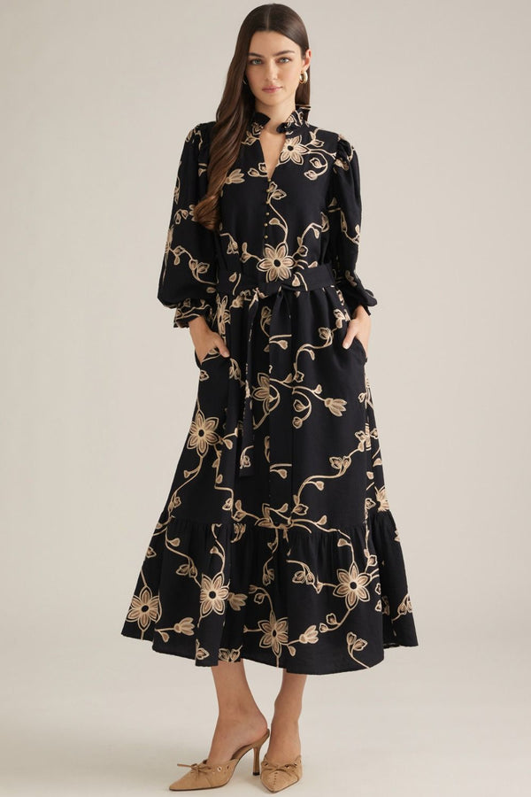 Black Floral Embroidered Puff Sleeve Midi Dress