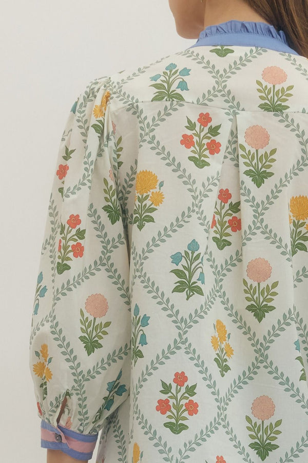 Floral Print 3/4 Puff Sleeve Top w Ruffled Trim