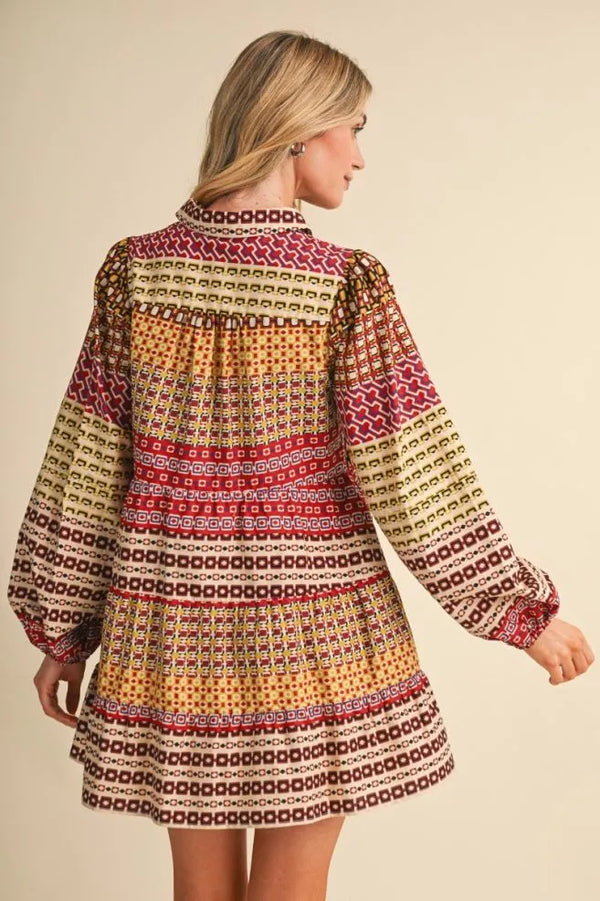 Purple & Olive Border Print Button Down Mini Dress