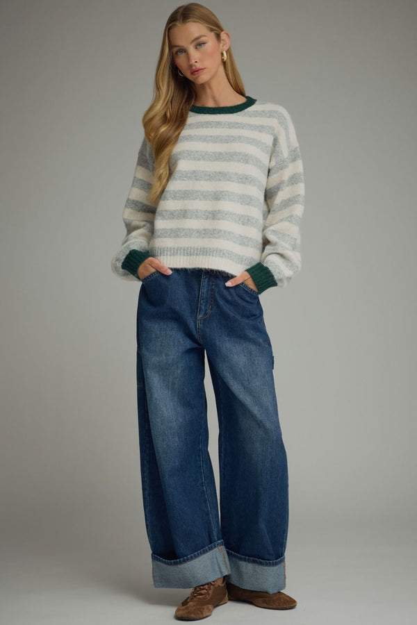 Grey Stripe Long Sleeve Sweater w Contrast Ribbed Trim Neck