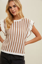 Taupe Crochet Stripes Ruffle Top