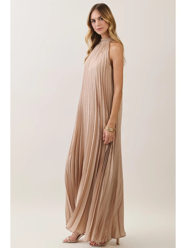 Gold Metallic Pleated Halter Maxi Dress