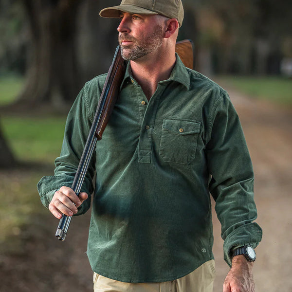 Stretch Cord Half Button Shirt - Dark Forest