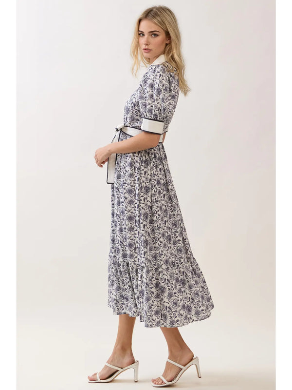 Print Contrast Trim Detail Button Down Dress