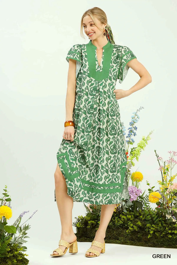 Green Abstract Two Tone Print Midi Dress