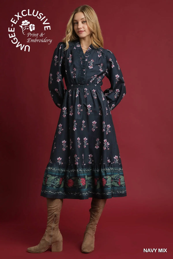 Navy Floral Maxi Dress with Smocked Waist & Ruffle Trim