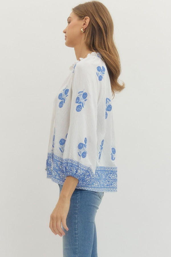 White Floral Print Raglan Puff Sleeve w Tie Detail & Ruffled Neck