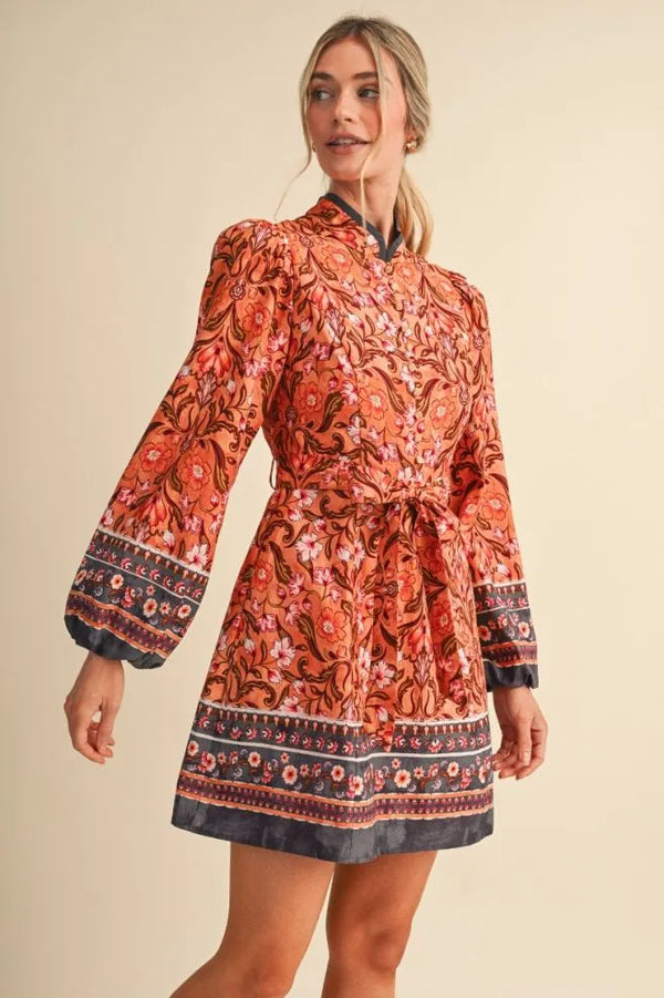 Mandarin Salmon Floral Border Print Belted Mini Dress