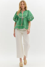 Green Multi Color Trim Puff Sleeve Top