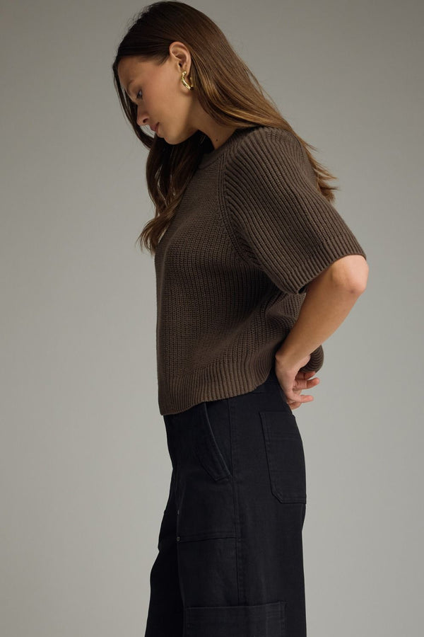 Brown Short Sleeve Sweater Textured Knit Top