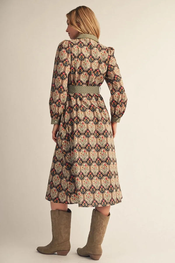 Black Multi Long Sleeves Button Down Floral Midi Dress w Belt