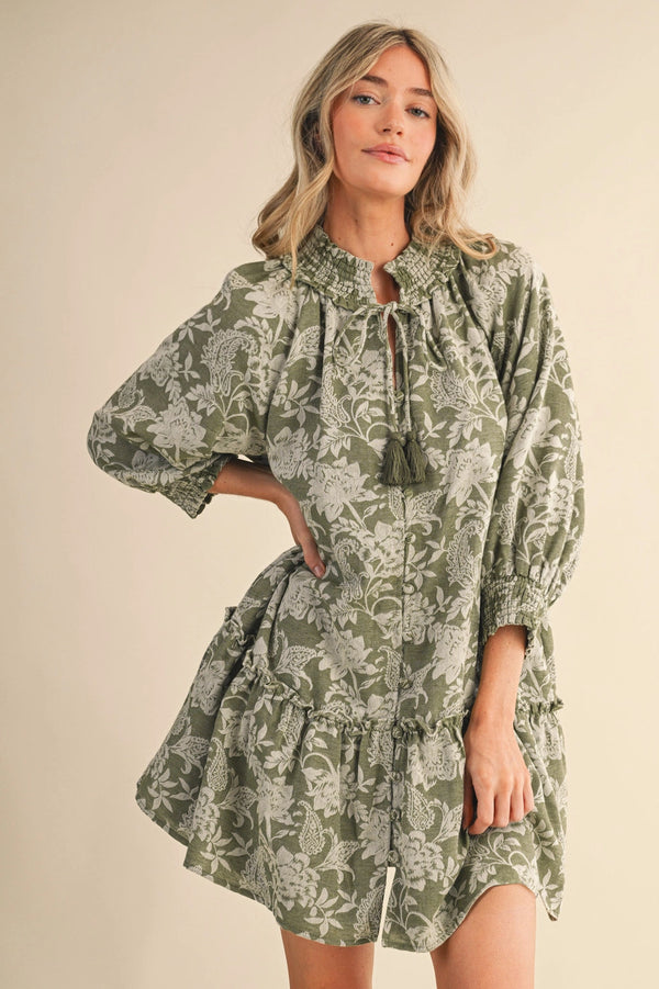 Olive Floral Jacquard Smocked Mini Dress