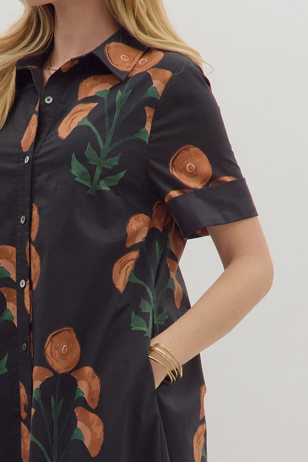 Black Floral Print Short Sleeve Midi Dress