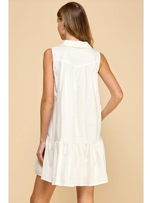 Off- White Sleeveless Dropped Waist Relaxed Fit Shirt Dress