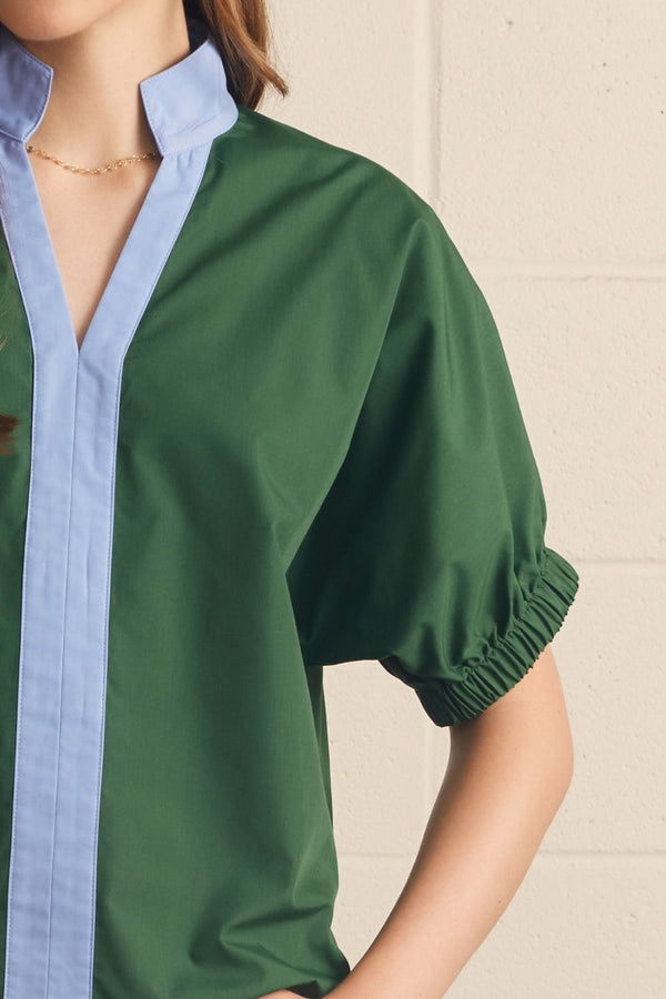 Green Puff Sleeve Top w Contrast Collar and Front Trim
