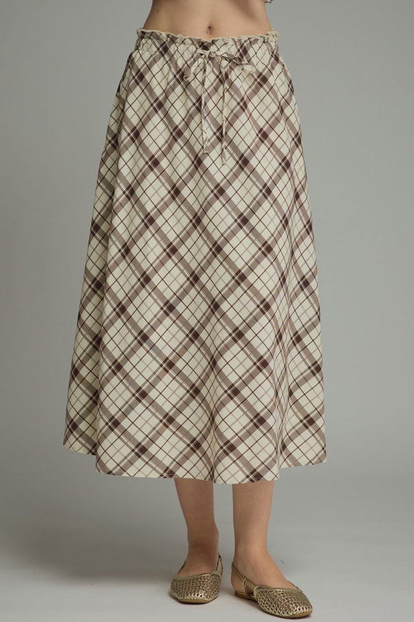 Mocha Plaid Midi Skirt w An Elasticated Waist