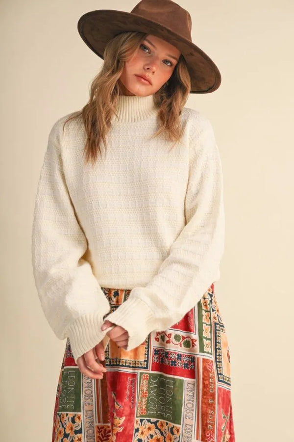 Quilted Ivory Cream Knit Mock Neck Sweater