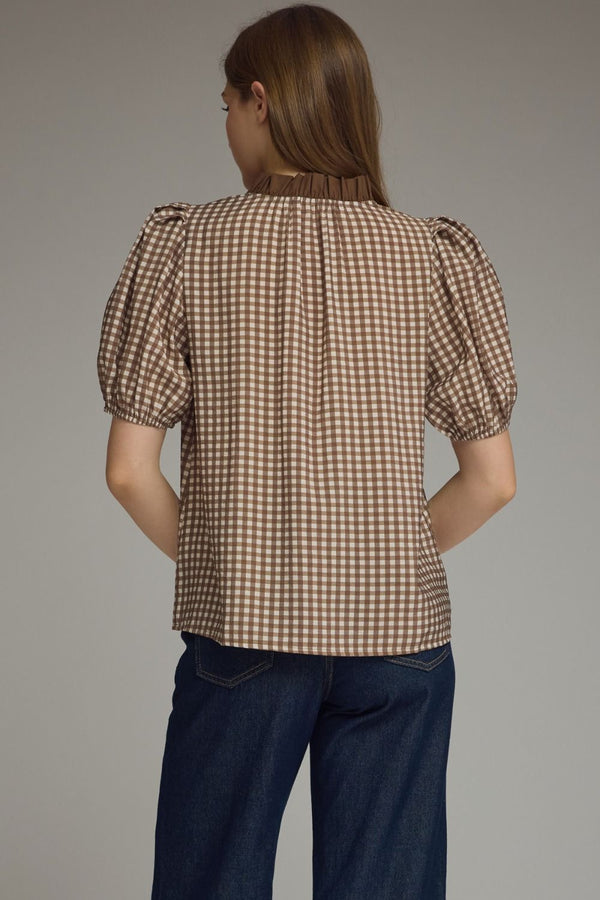 Brown Gingham Short Puff Sleeve Top w Contrast Inset Detail