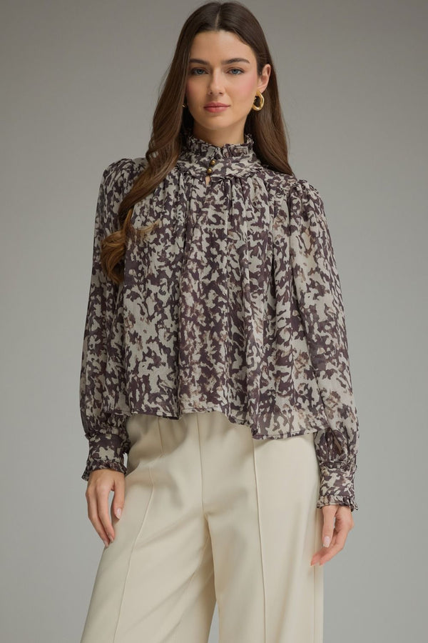 Brown & Ecru Long Puff Sleeve Top w Ruffle High Neckline