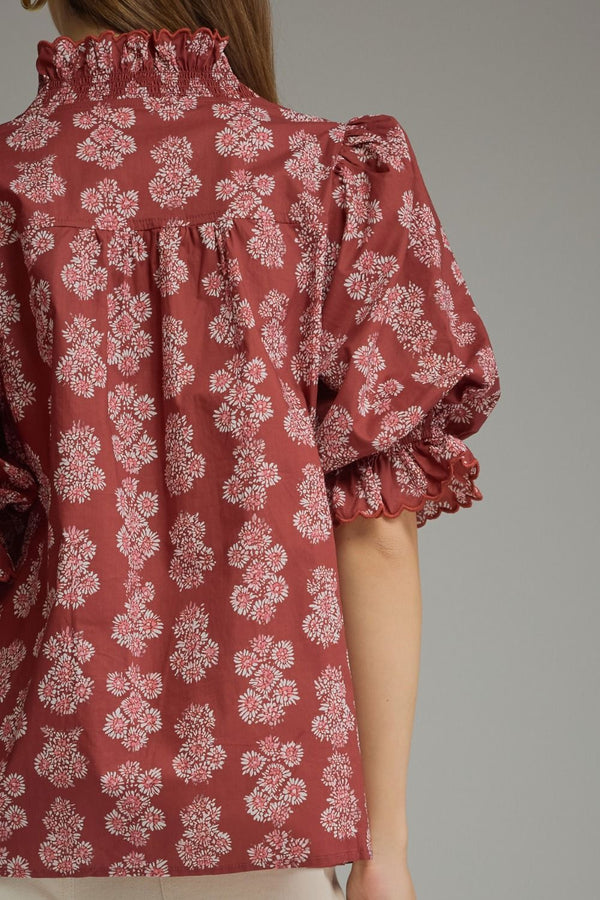 Burgundy Floral Print Puff Sleeve Top w Ruffled V-neckline