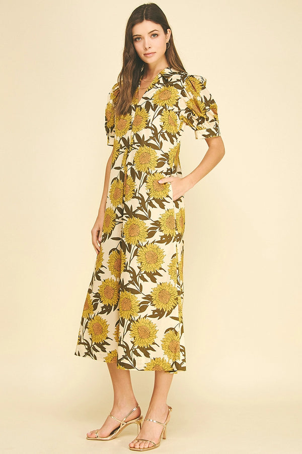 Golden Sunflower Puff Sleeve Midi Dress