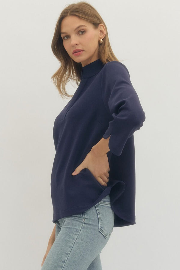 Navy Solid Split Neck 3/4 Sleeve Top