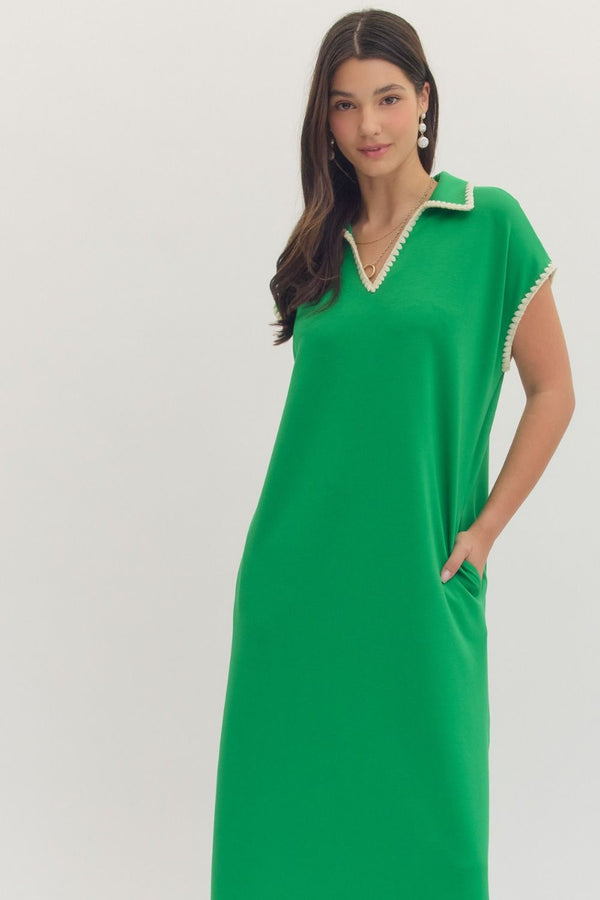 Green Solid Cap Sleeve Midi Dress w Contrast Scallop Trim