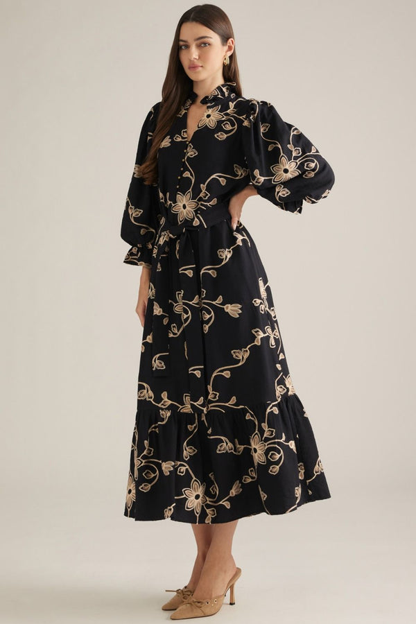 Black Floral Embroidered Puff Sleeve Midi Dress