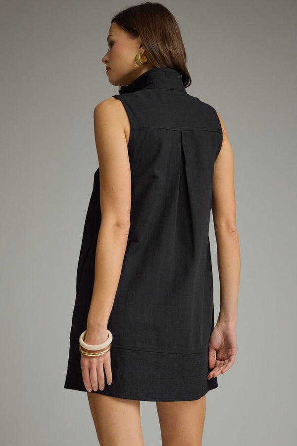 Solid Black Stand Collar Sleeveless Mini Dress